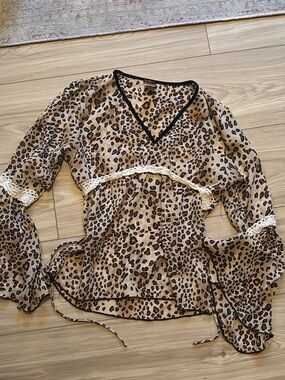 Sheer Leopard Print V-Neck Tie-Waist Blouse - Beige